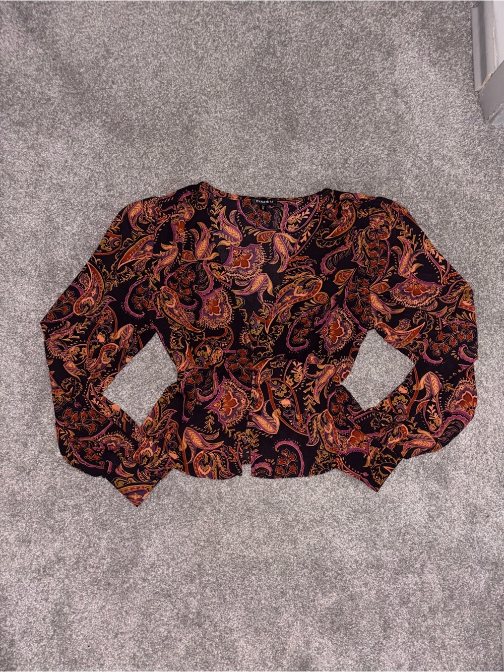 Dynamite Paisley Peplum Blouse in Black, Orange & Pink - Size Small